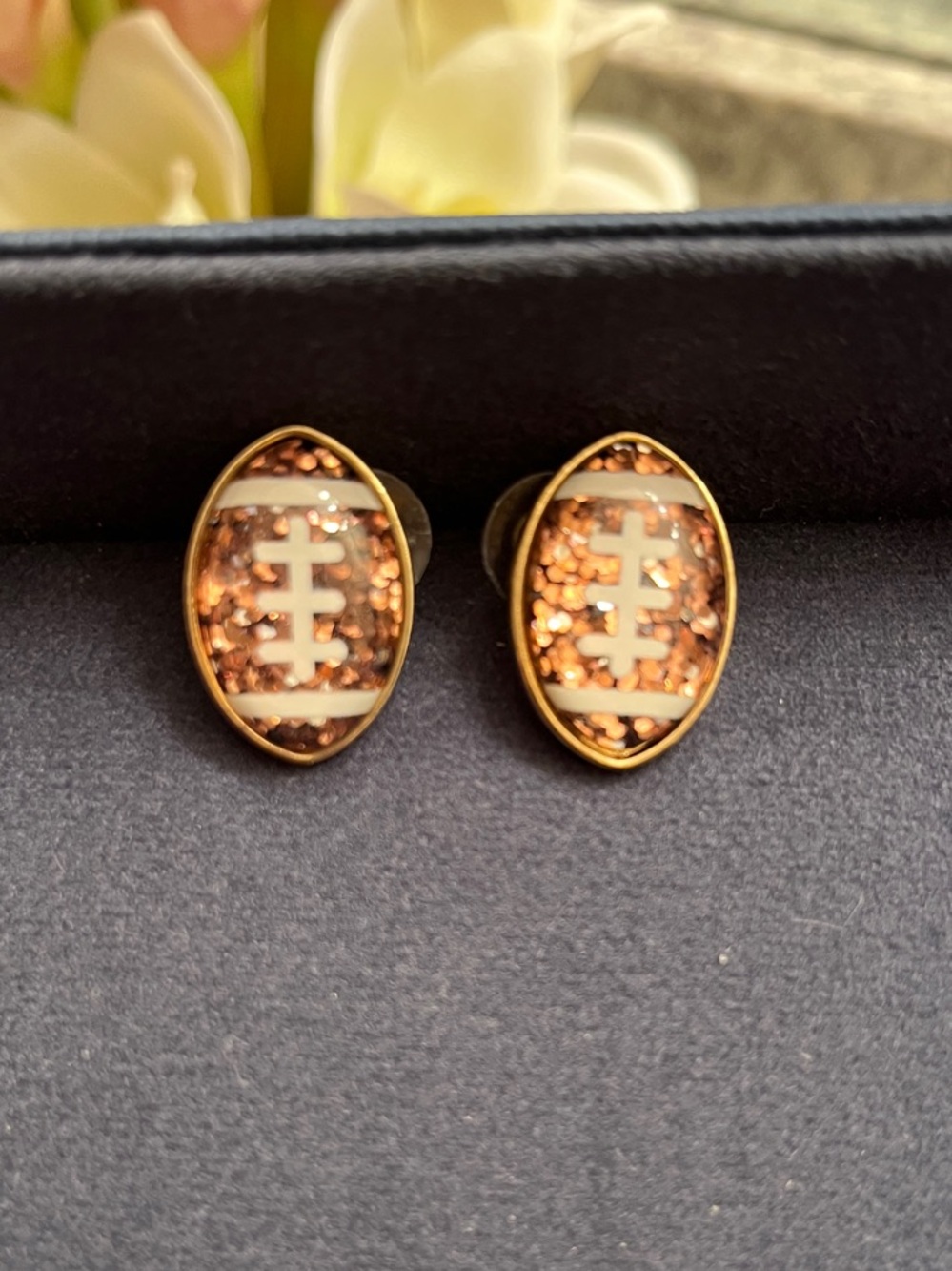 Gold-Tone Copper Glitter Football Stud Earrings